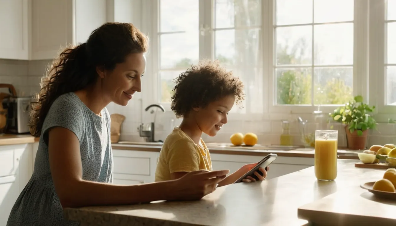 A busy family kitchen in the DeBary area where a parent checks a phone about a pest problem